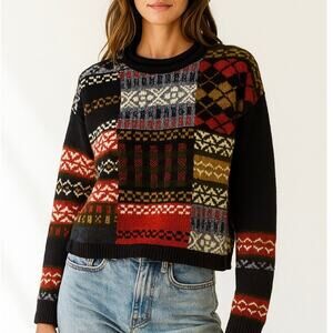 Vintage 90s Liz Sport 100% Cotton Fair Isle Patchwork Sweater Rare Knit